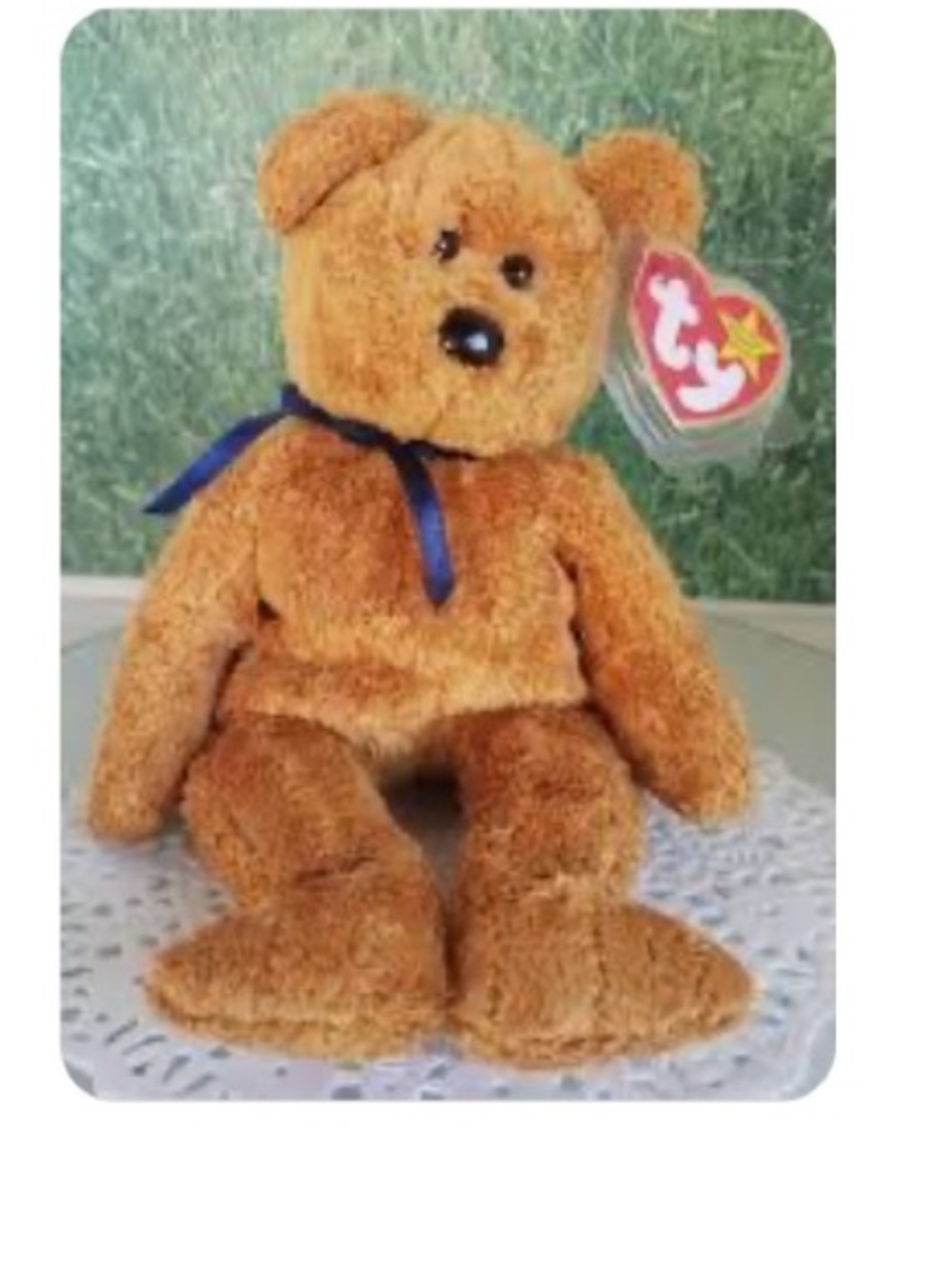 Ty Plush Brown Teddy Bear with Navy Ribbon